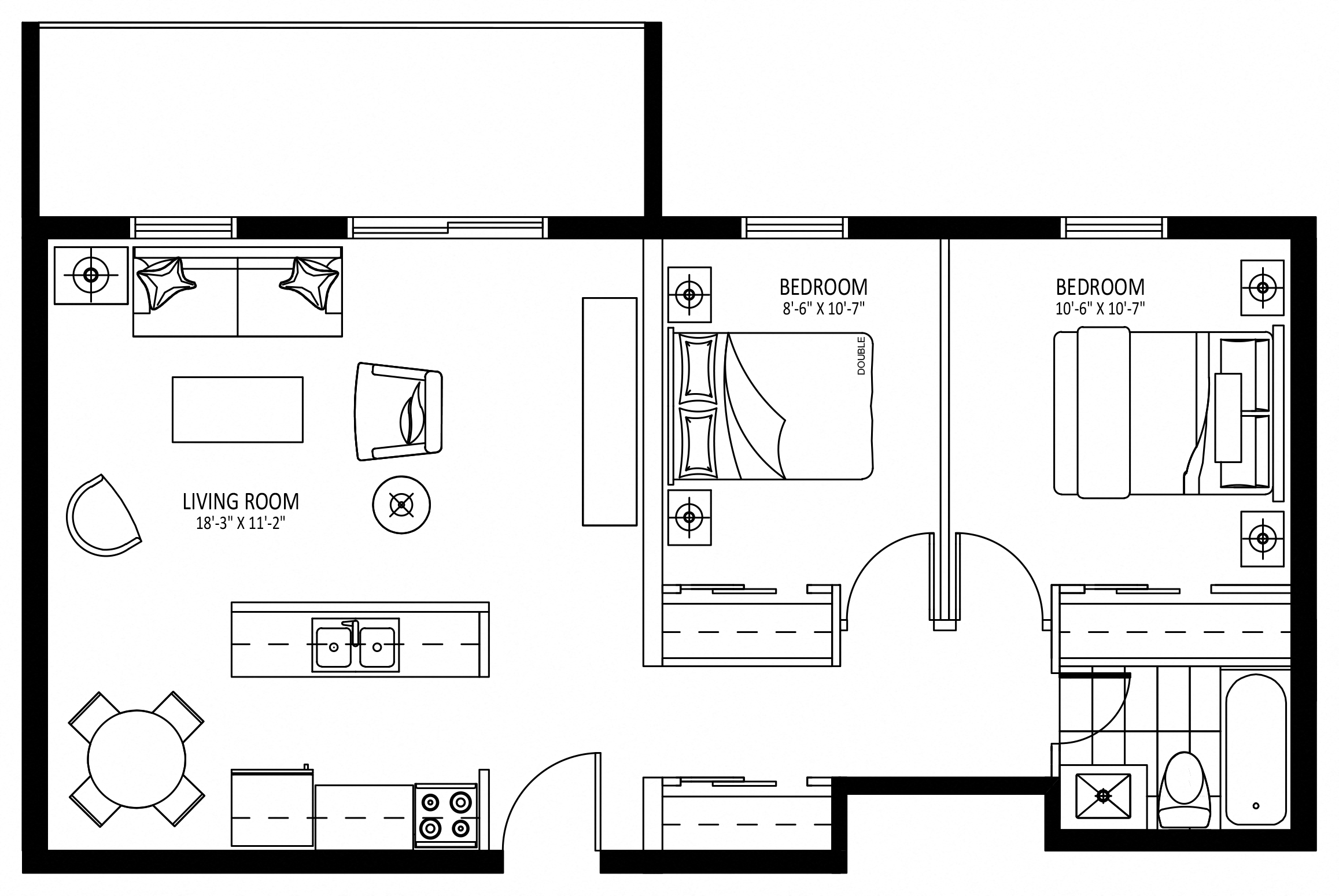 Floor plan for 2 beds, 1 bath, 770 sqft
